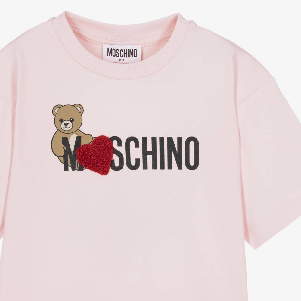 Moschino-Girls Pink Cotton T-Shirt with Red Heart | Childrensalon