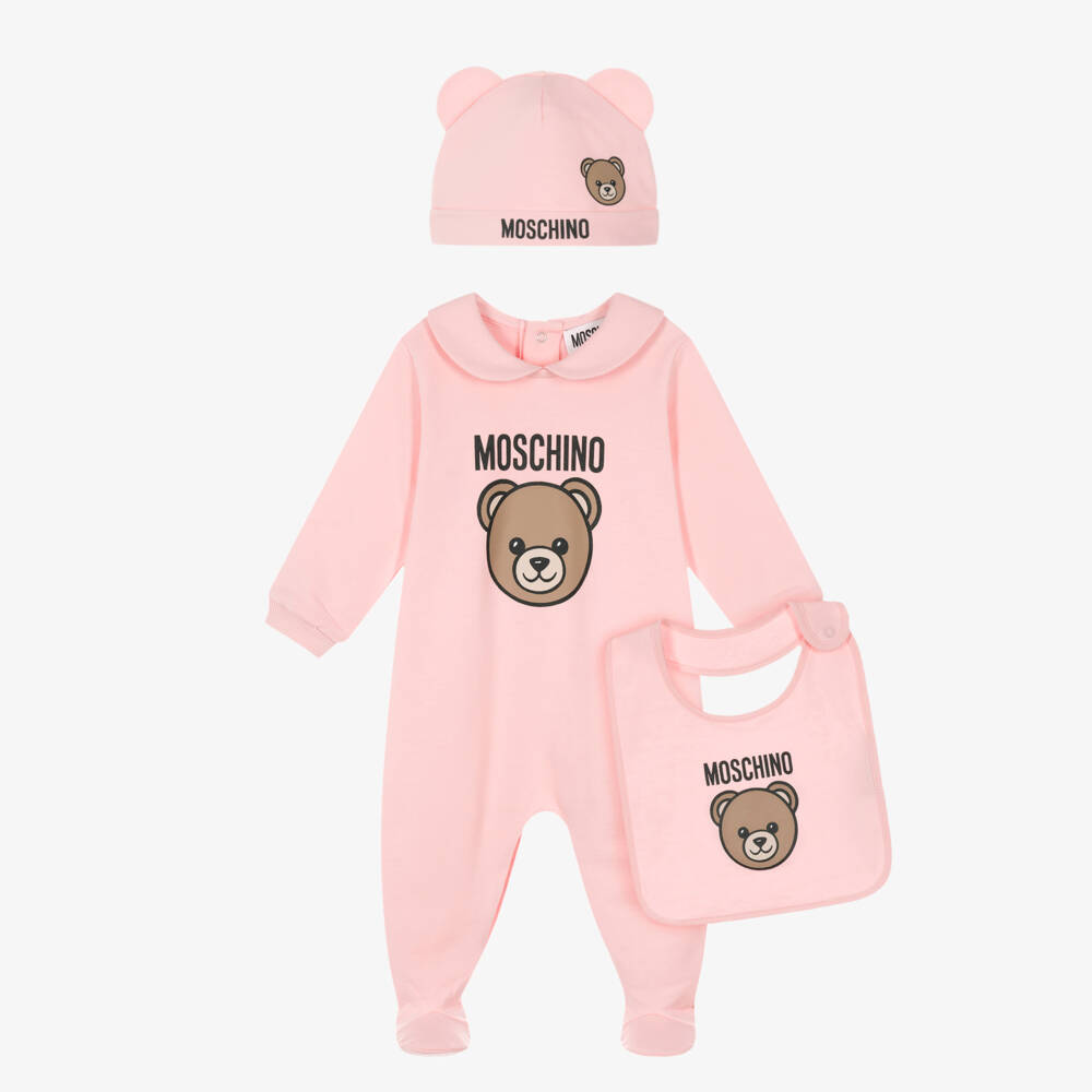 Moschino-Girls Pink Cotton Teddy Bear Babysuit Set | Childrensalon