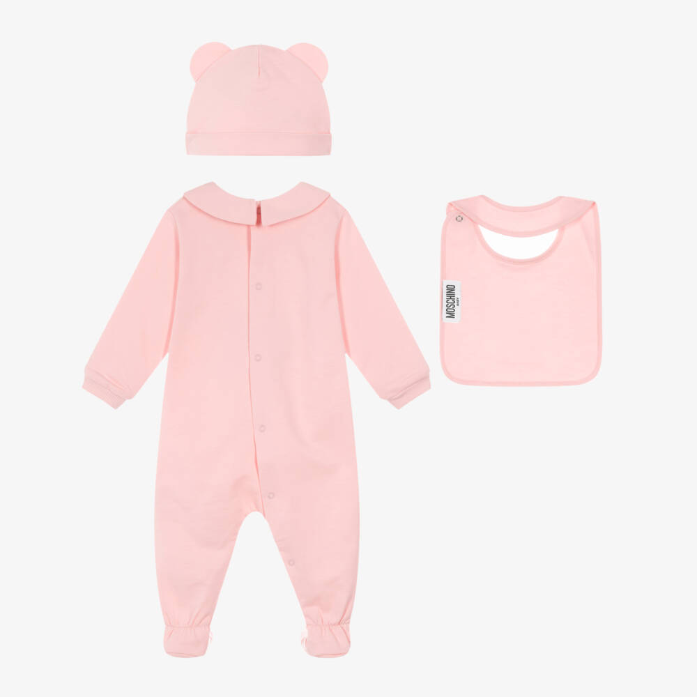 Moschino-Girls Pink Cotton Teddy Bear Babysuit Set | Childrensalon