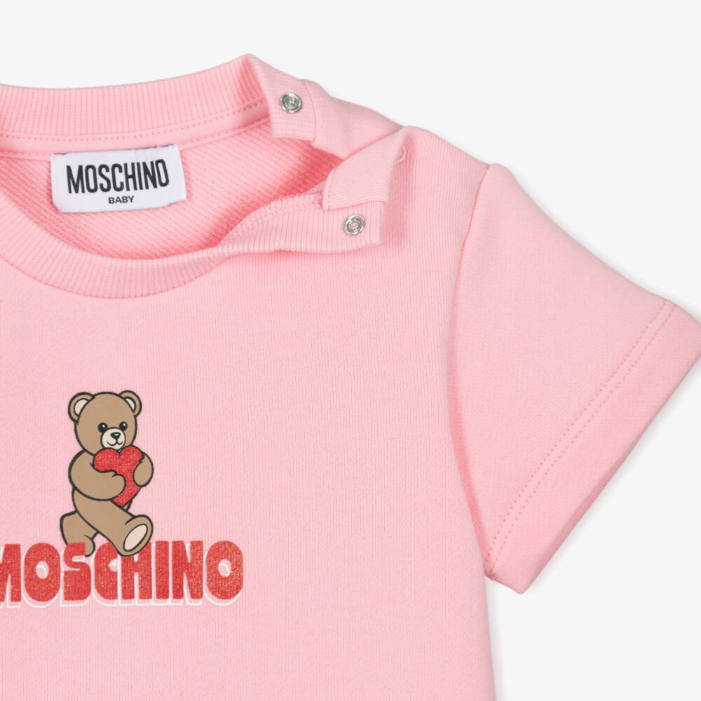 Moschino-Girls Pink Cotton Teddy Bear & Heart Sweatshirt Dress | Childrensalon
