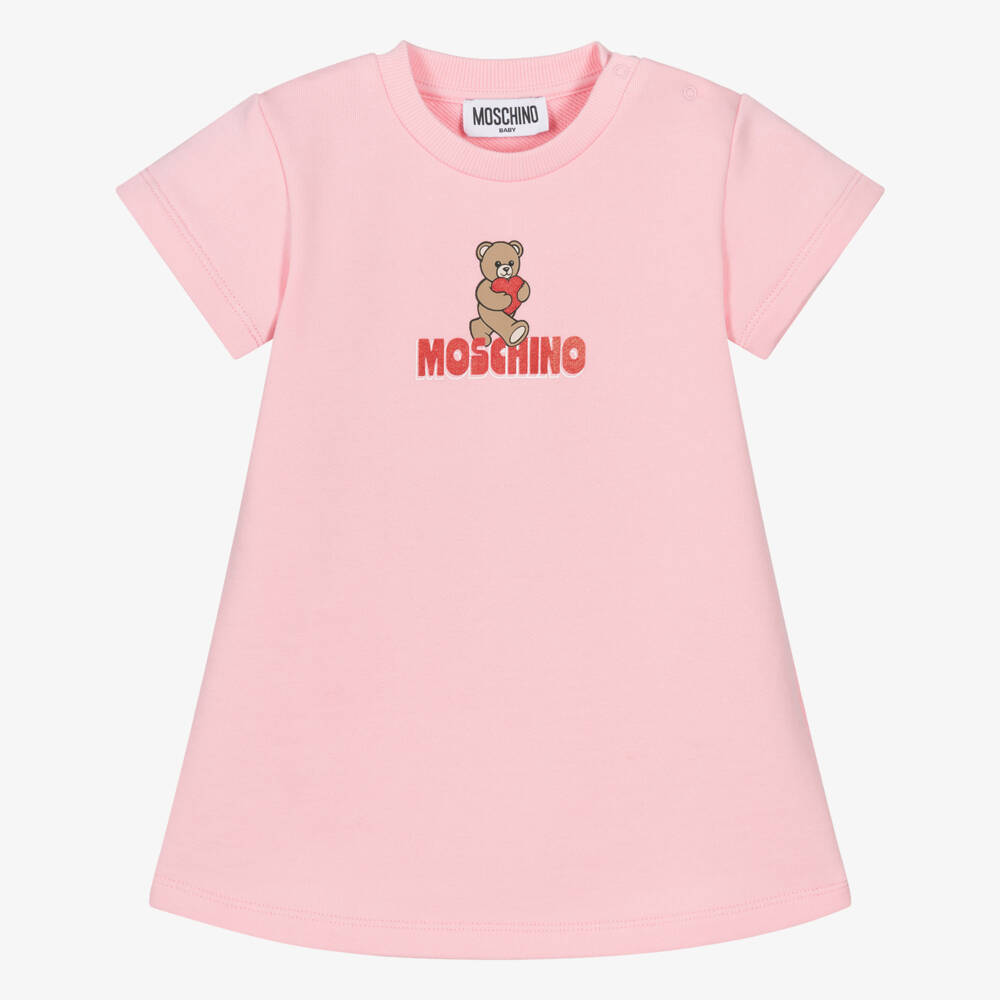 Moschino-Girls Pink Cotton Teddy Bear & Heart Sweatshirt Dress | Childrensalon
