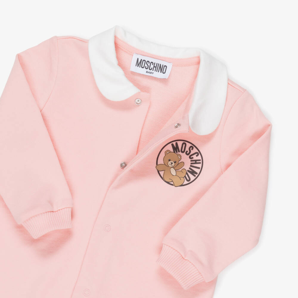 Moschino-Girls Pink Cotton Teddy Bear Logo Babysuit Set | Childrensalon