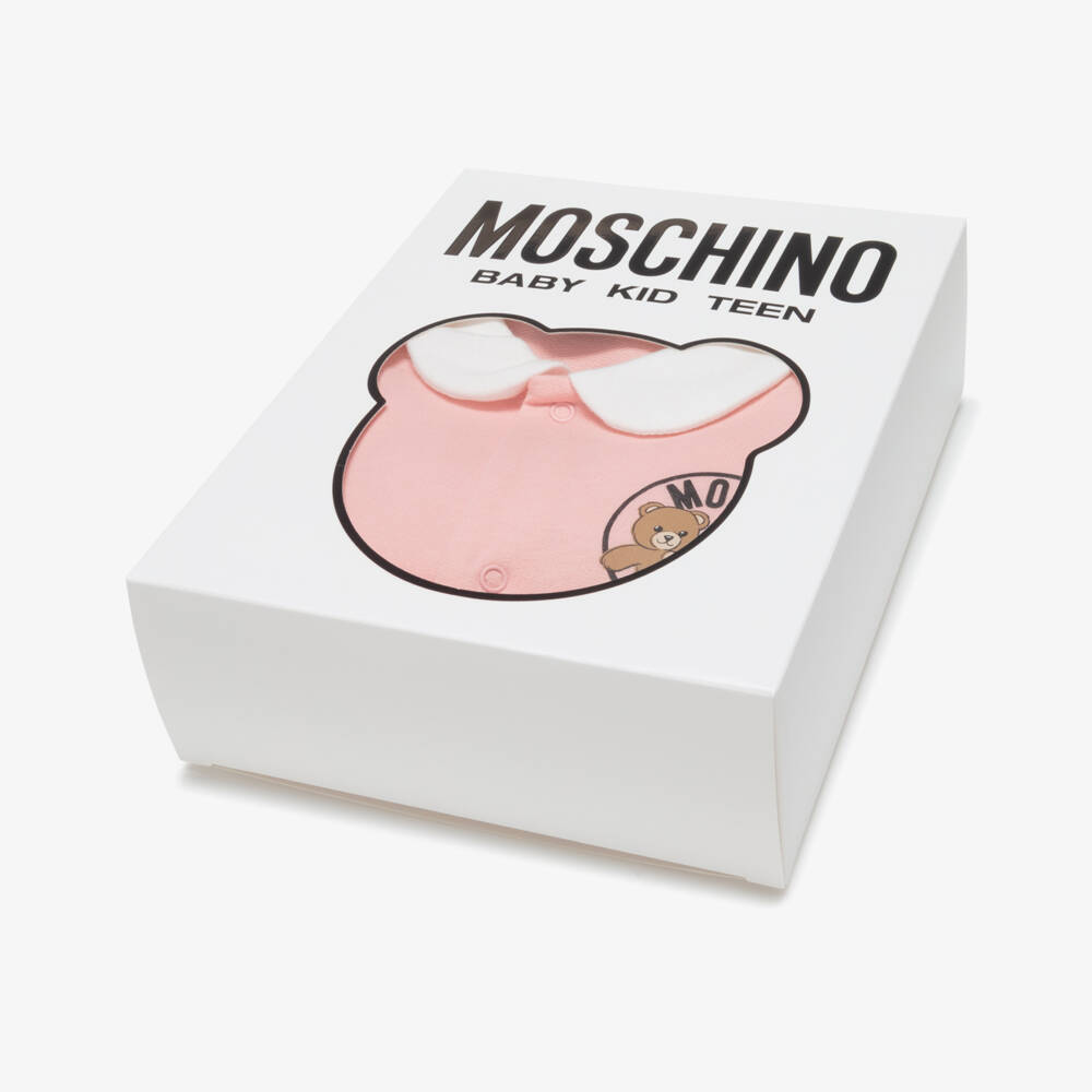 Moschino-Girls Pink Cotton Teddy Bear Logo Babysuit Set | Childrensalon