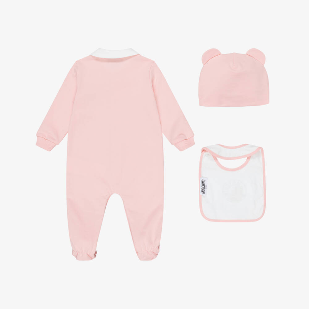 Moschino-Girls Pink Cotton Teddy Bear Logo Babysuit Set | Childrensalon