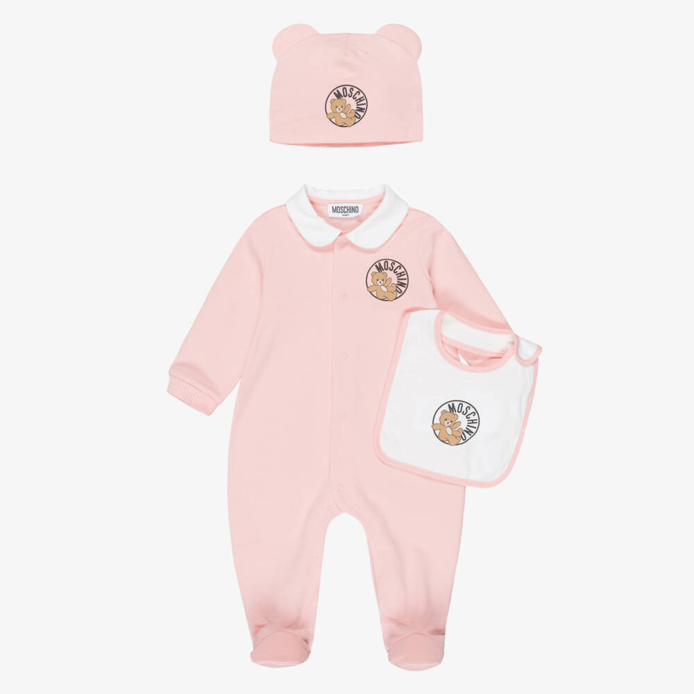 Moschino-Girls Pink Cotton Teddy Bear Logo Babysuit Set | Childrensalon