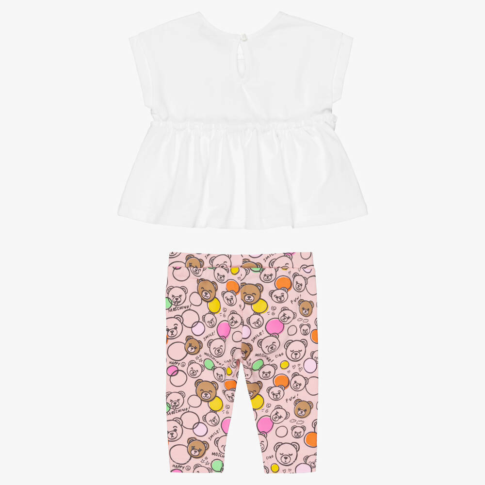 Moschino-Girls Pink Cotton Teddy Bear Logo Print Leggings Set | Childrensalon