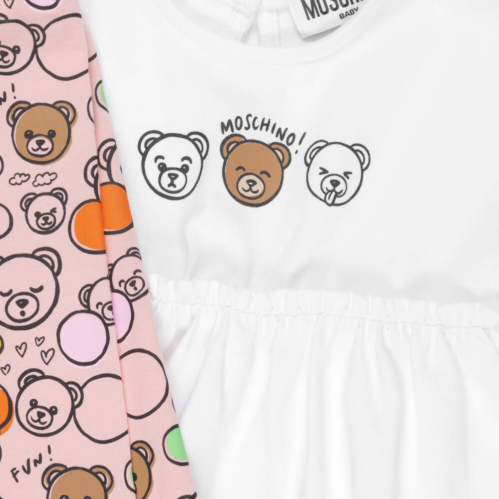 Moschino-Girls Pink Cotton Teddy Bear Logo Print Leggings Set | Childrensalon