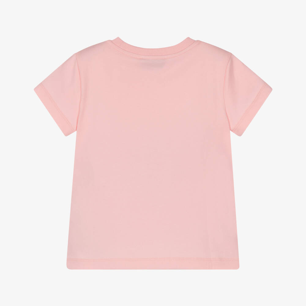Moschino-Girls Pink Cotton Teddy Bear T-Shirt with Hearts | Childrensalon