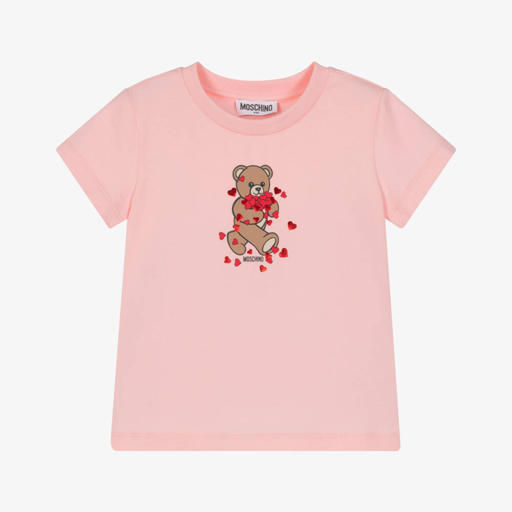 Moschino-Girls Pink Cotton Teddy Bear T-Shirt with Hearts | Childrensalon