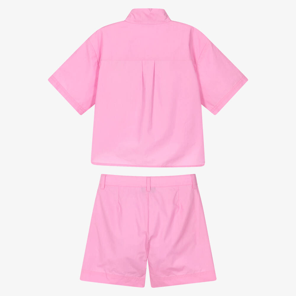 Moschino-Girls Pink Cotton Teddy & Heart Shorts Set | Childrensalon