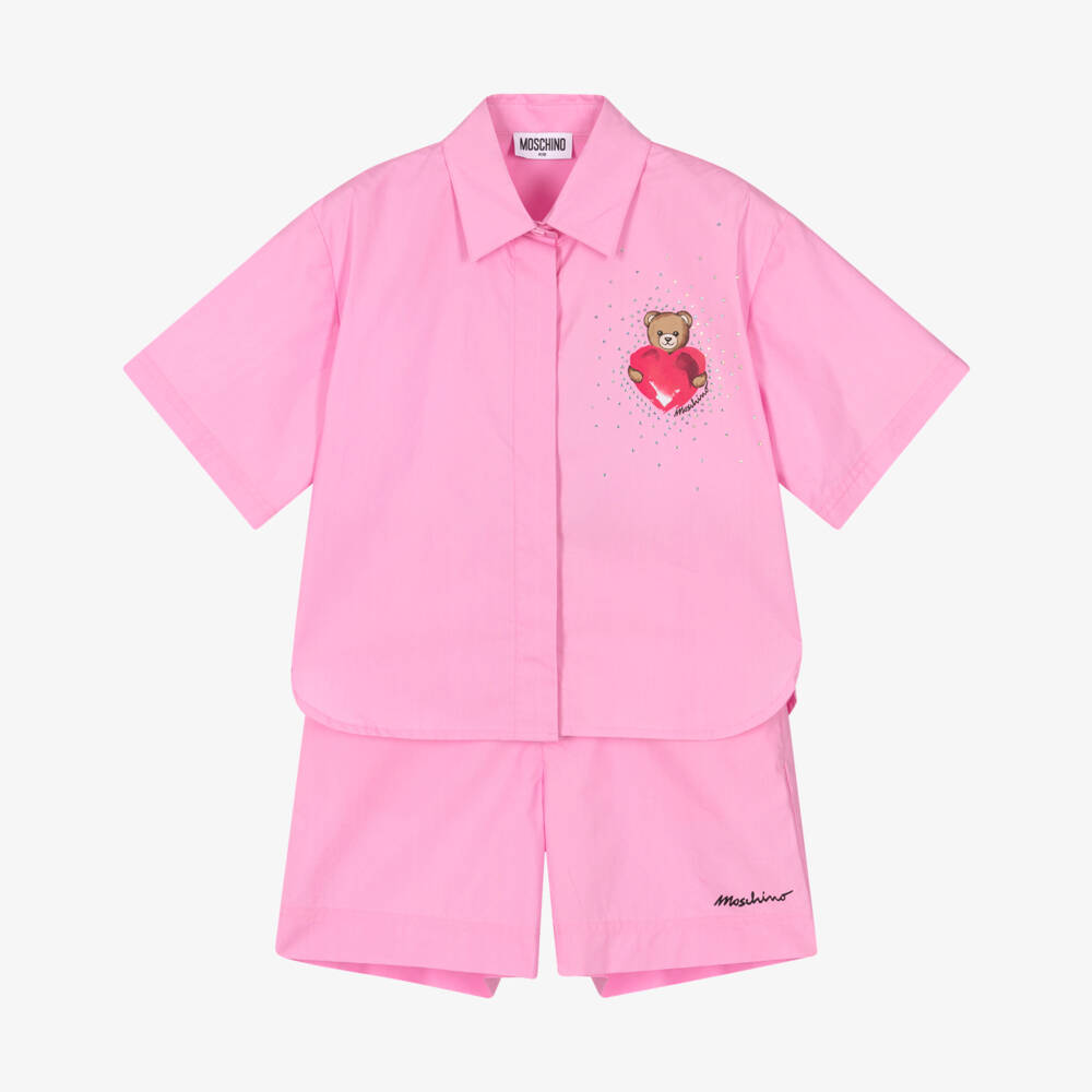 Moschino-Girls Pink Cotton Teddy & Heart Shorts Set | Childrensalon
