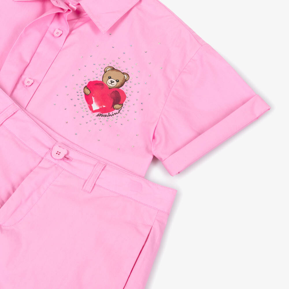 Moschino-Girls Pink Cotton Teddy & Heart Shorts Set | Childrensalon