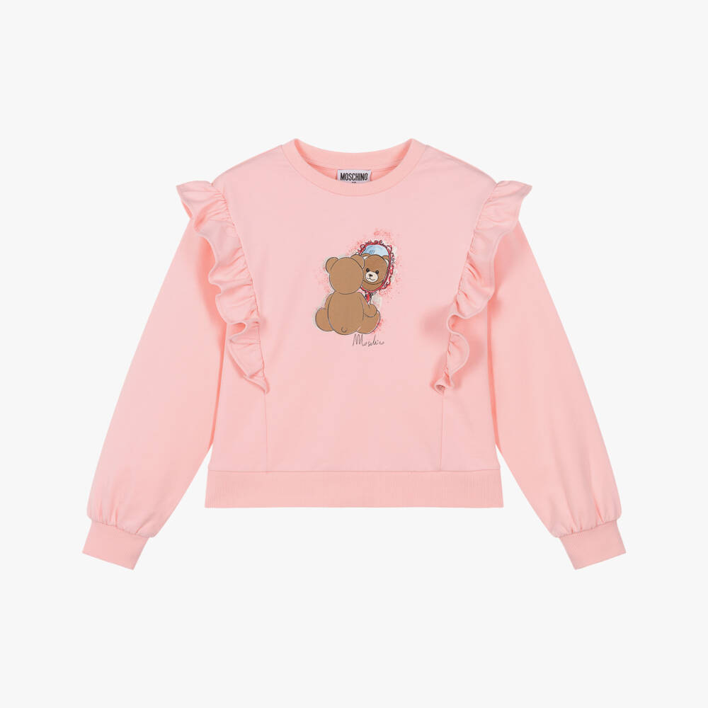 Moschino-Girls Pink Cotton Teddy & Mirror Sweatshirt with Ruffles | Childrensalon