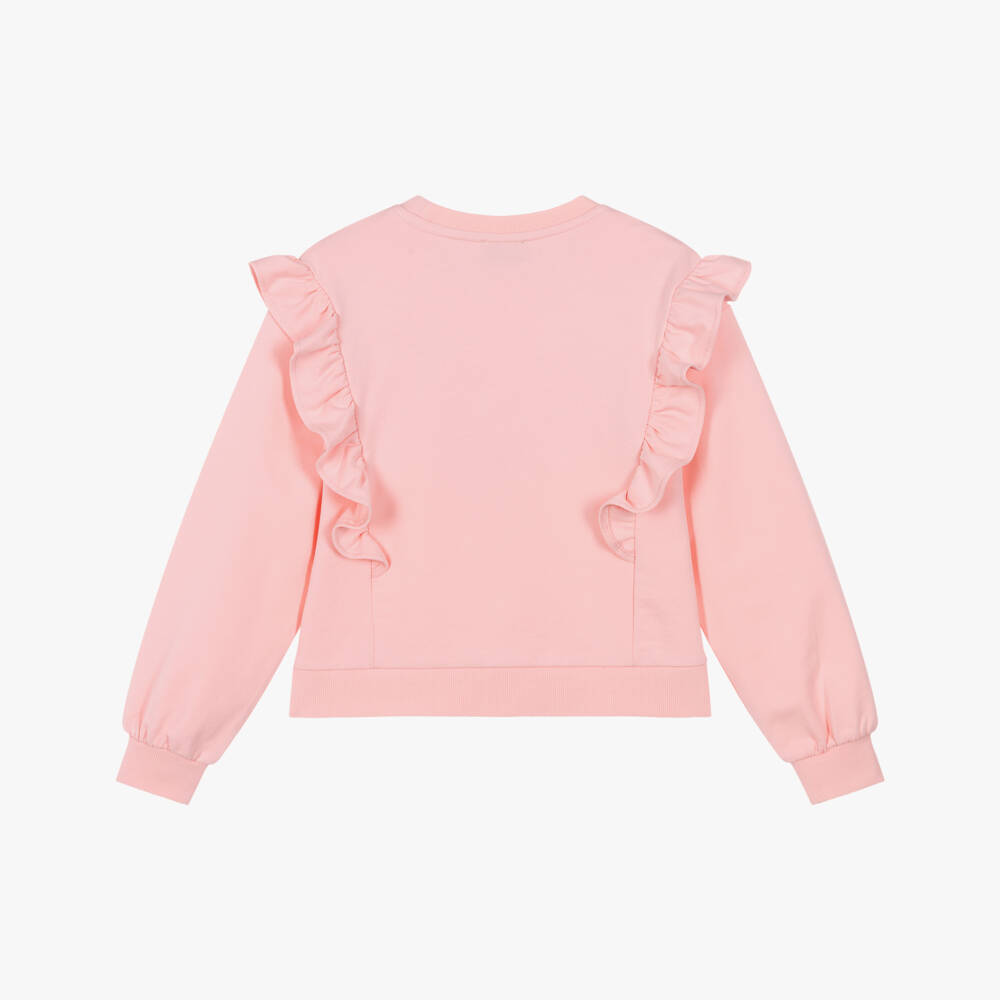 Moschino-Girls Pink Cotton Teddy & Mirror Sweatshirt with Ruffles | Childrensalon