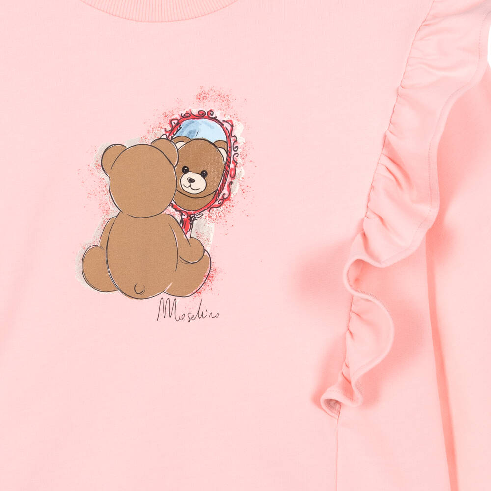 Moschino-Girls Pink Cotton Teddy & Mirror Sweatshirt with Ruffles | Childrensalon