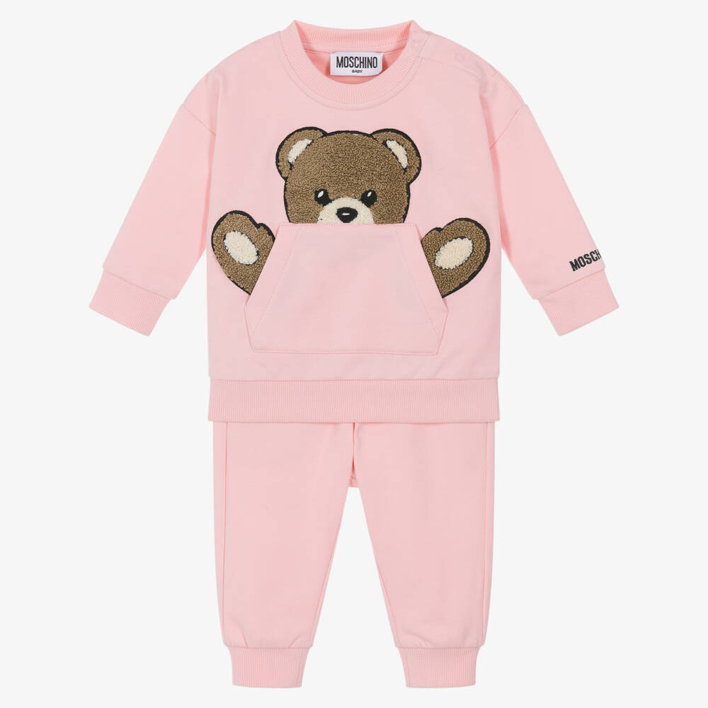 Moschino-Girls Pink Cotton Tracksuit with Teddy Bear Pocket | Childrensalon