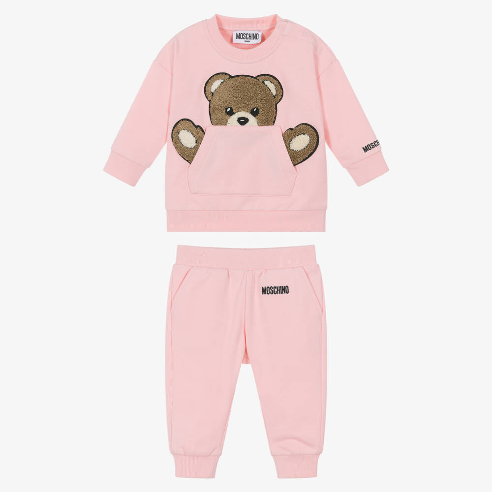 Moschino-Girls Pink Cotton Tracksuit with Teddy Bear Pocket | Childrensalon
