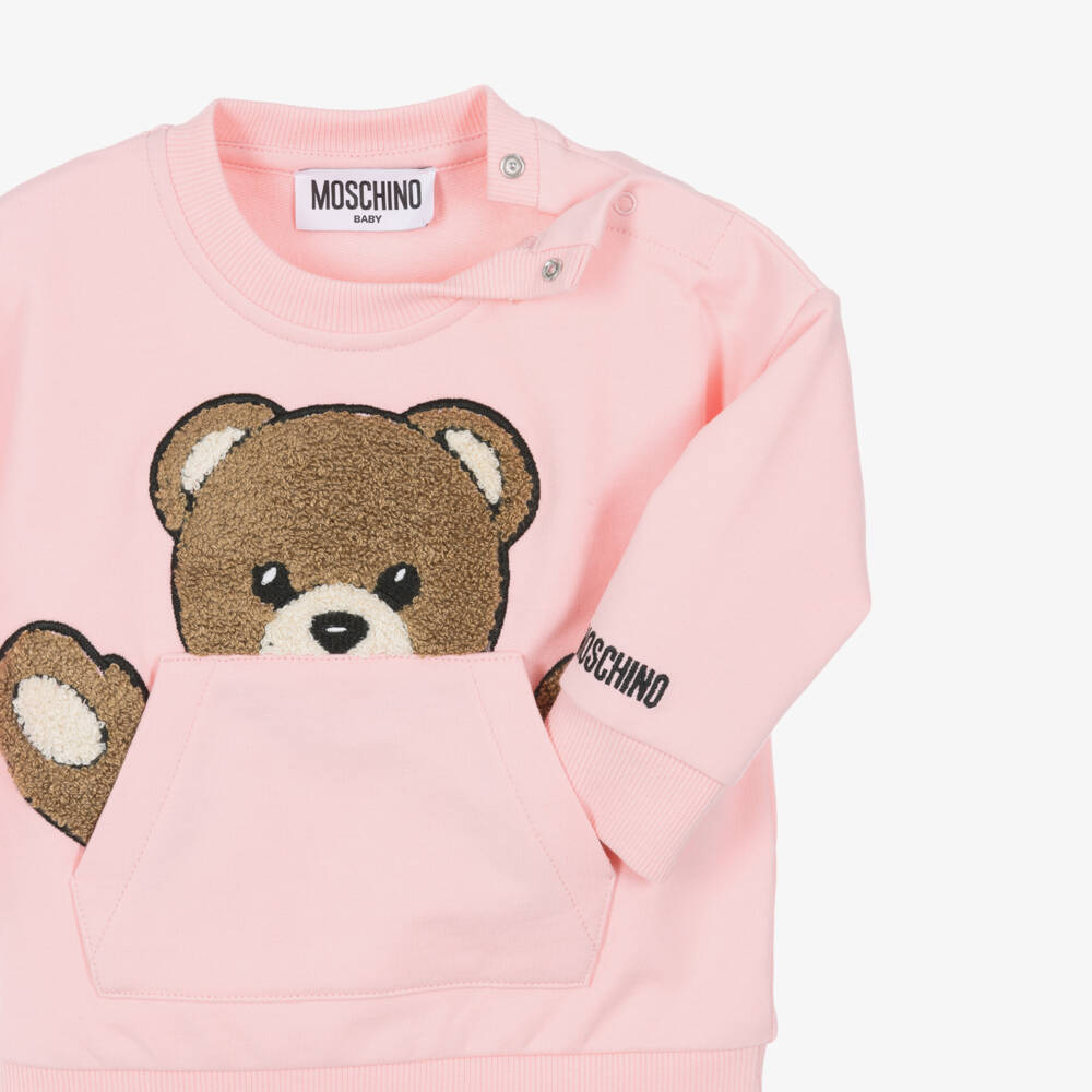 Moschino-Girls Pink Cotton Tracksuit with Teddy Bear Pocket | Childrensalon