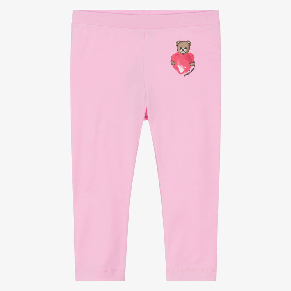 Moschino-Girls Pink Heart & Teddy Bear Logo Cotton Leggings | Childrensalon