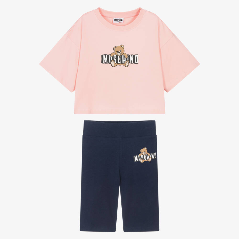 Moschino-Girls Pink & Navy Blue Cotton Moschino Bear Shorts Set | Childrensalon