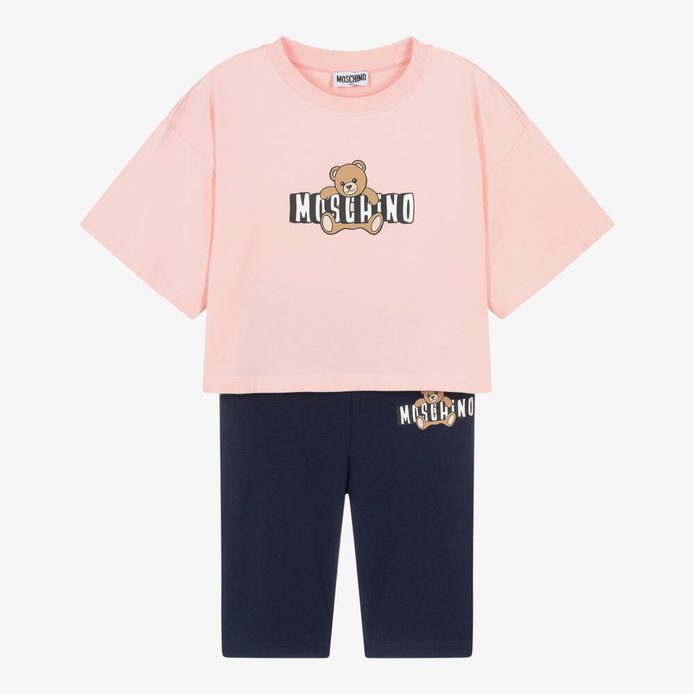Moschino-Girls Pink & Navy Blue Cotton Moschino Bear Shorts Set | Childrensalon