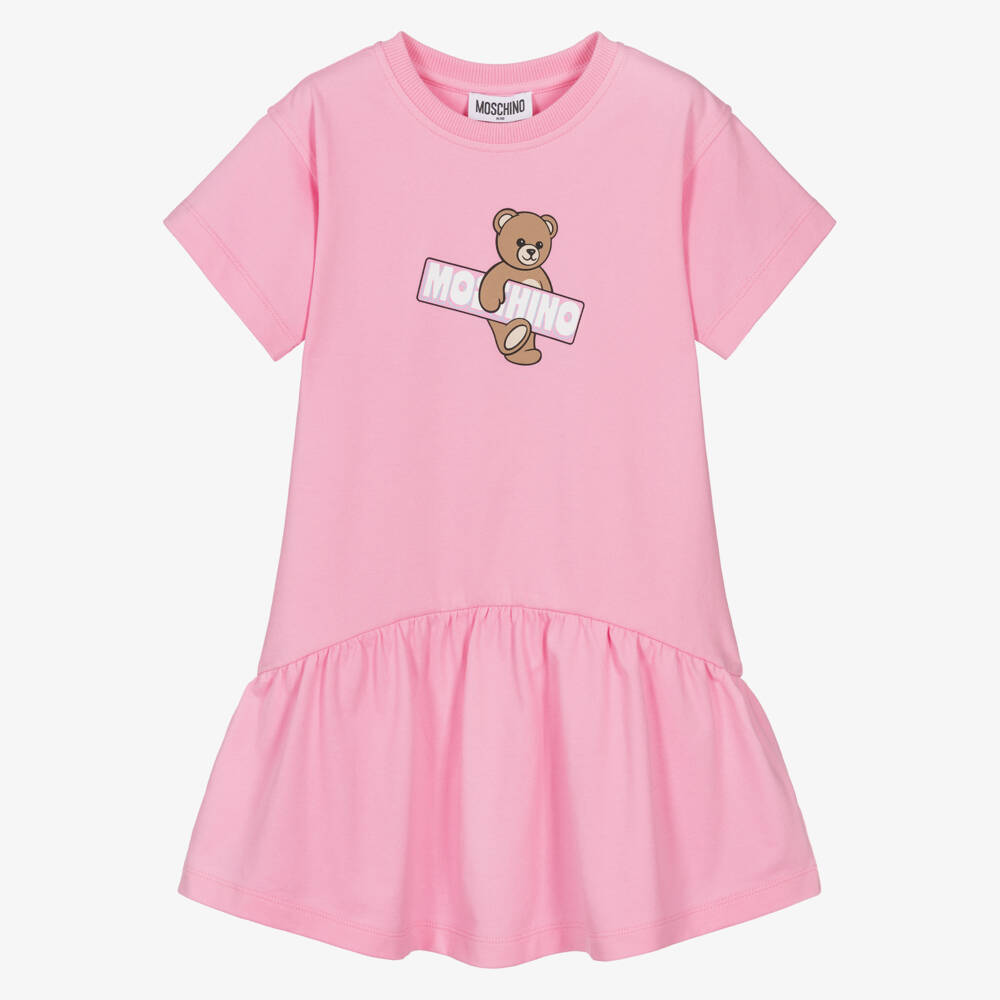 Moschino-Girls Pink Piqué Teddy Bear Dress with Shaped Hem | Childrensalon