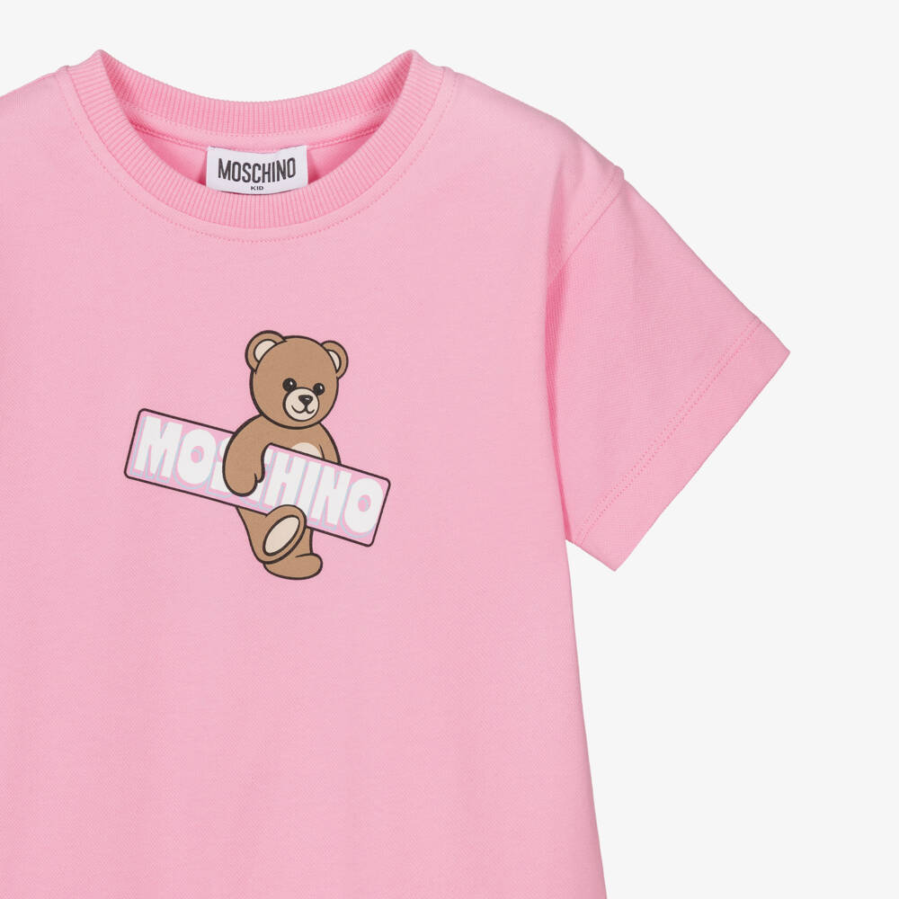 Moschino-Girls Pink Piqué Teddy Bear Dress with Shaped Hem | Childrensalon