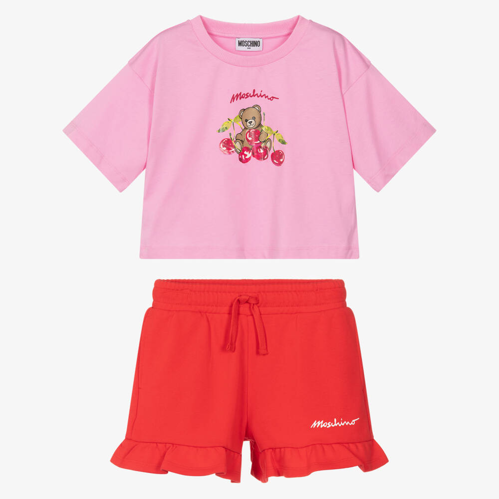 Moschino-Girls Pink & Red Cotton Cherry Print Shorts Set | Childrensalon