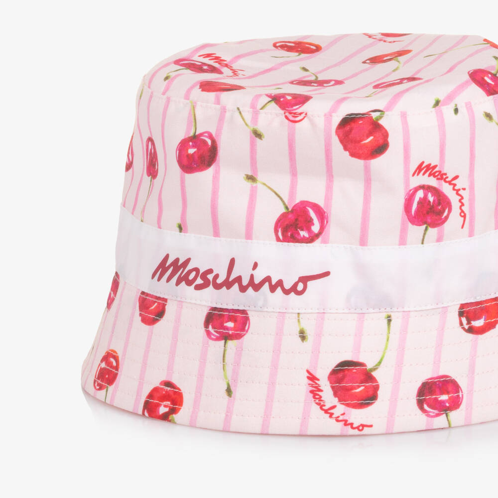 Moschino-Girls Pink Stripe & Cherry Print Cotton Bucket Hat  | Childrensalon