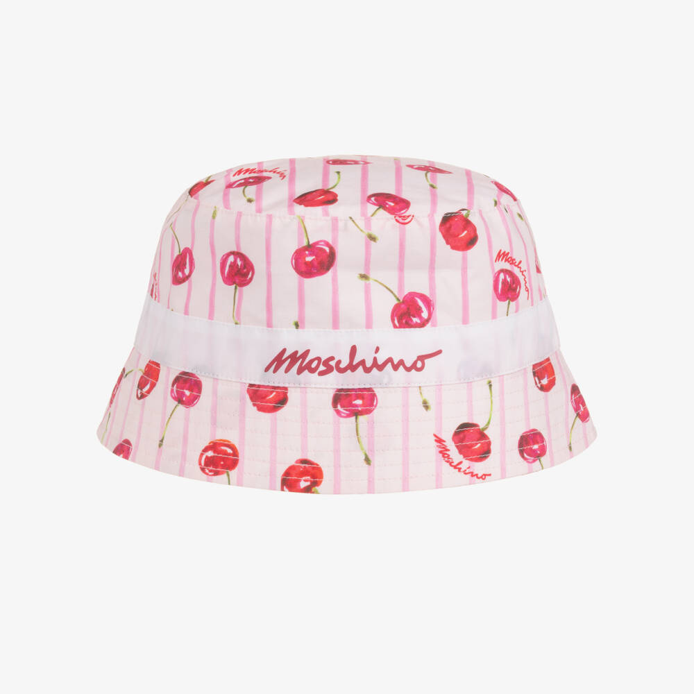 Moschino-Girls Pink Stripe & Cherry Print Cotton Bucket Hat  | Childrensalon