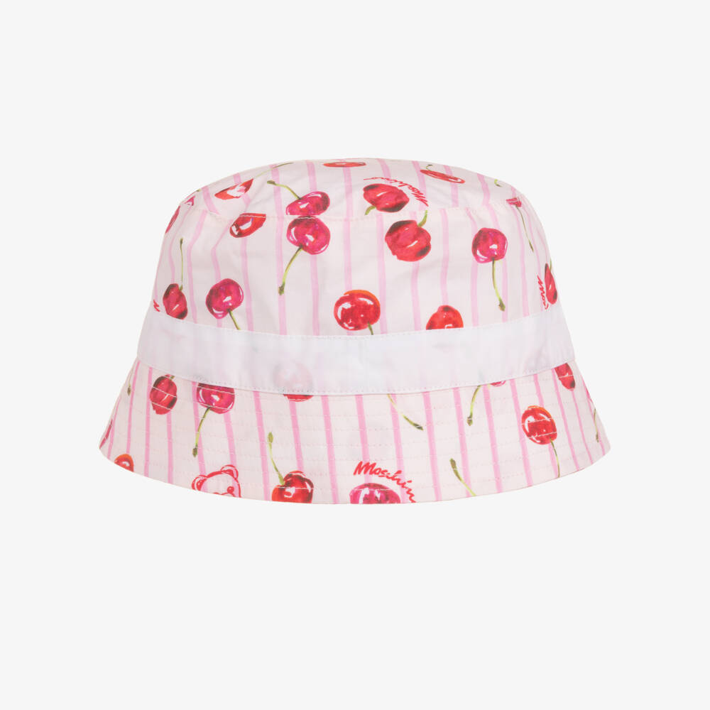 Moschino-Girls Pink Stripe & Cherry Print Cotton Bucket Hat  | Childrensalon