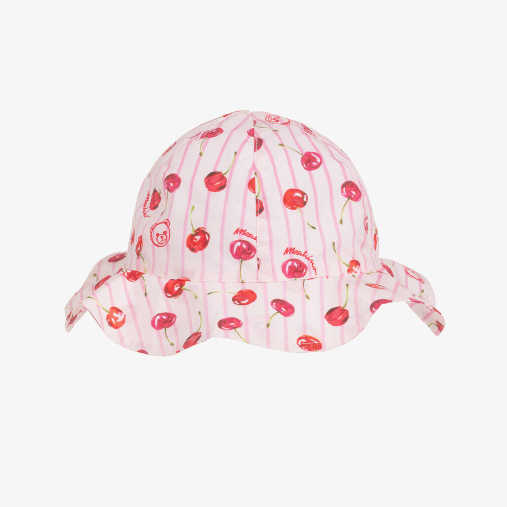 Moschino-Girls Pink Stripe & Cherry Print Cotton Sun Hat  | Childrensalon