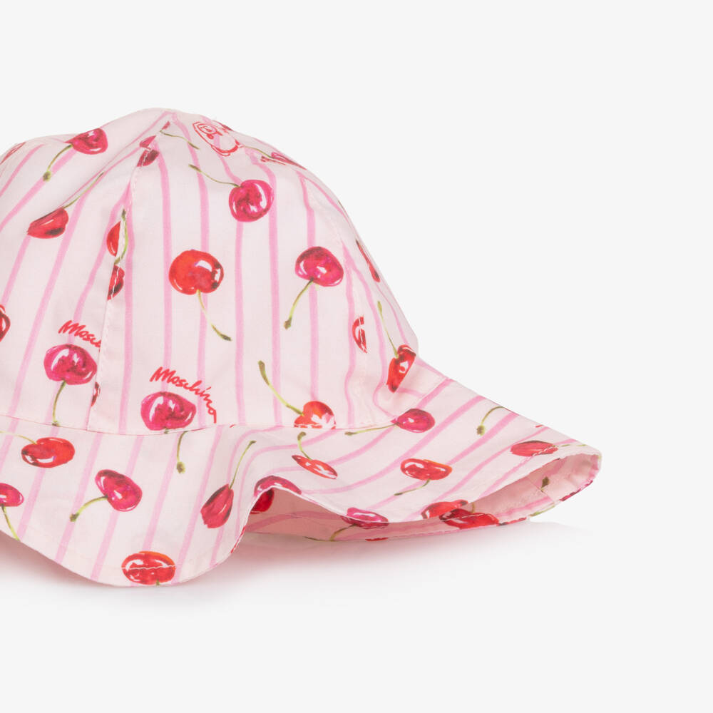 Moschino-Girls Pink Stripe & Cherry Print Cotton Sun Hat  | Childrensalon