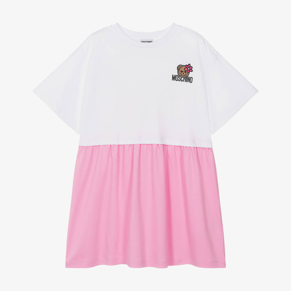Moschino-Girls Pink & White Teddy Bear Appliqué Dress | Childrensalon