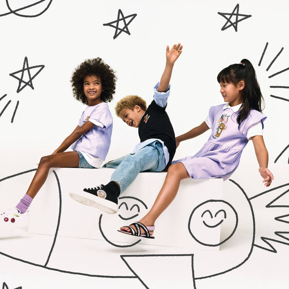 Moschino-Girls Purple Cotton Piqué Teddy Bear & Floral Pocket T-Shirt | Childrensalon