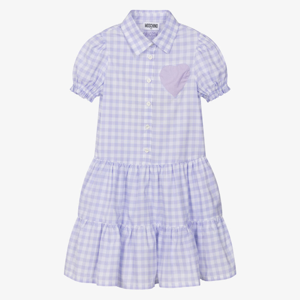 Moschino-Girls Purple & White Gingham Checked Cotton Dress | Childrensalon