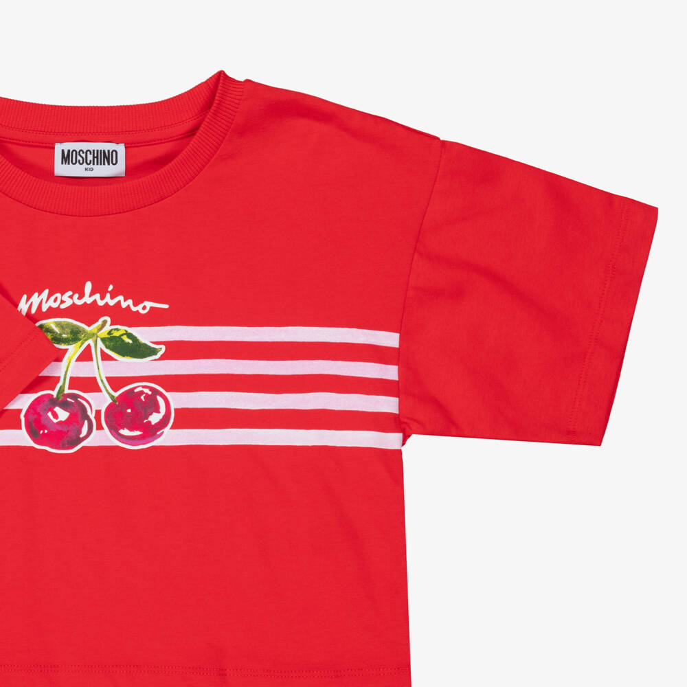 Moschino-Girls Red Cotton Cherries & Logo T-Shirt | Childrensalon