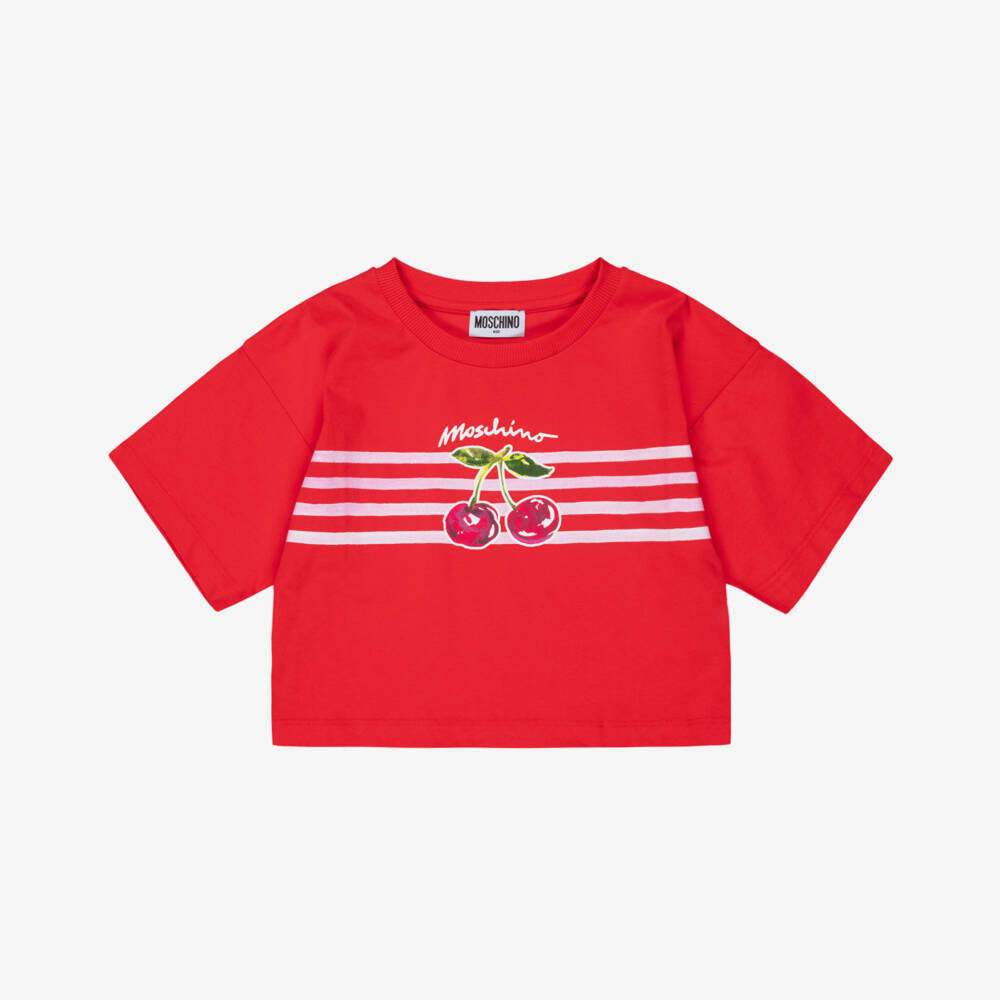 Moschino-Girls Red Cotton Cherries T-Shirt | Childrensalon