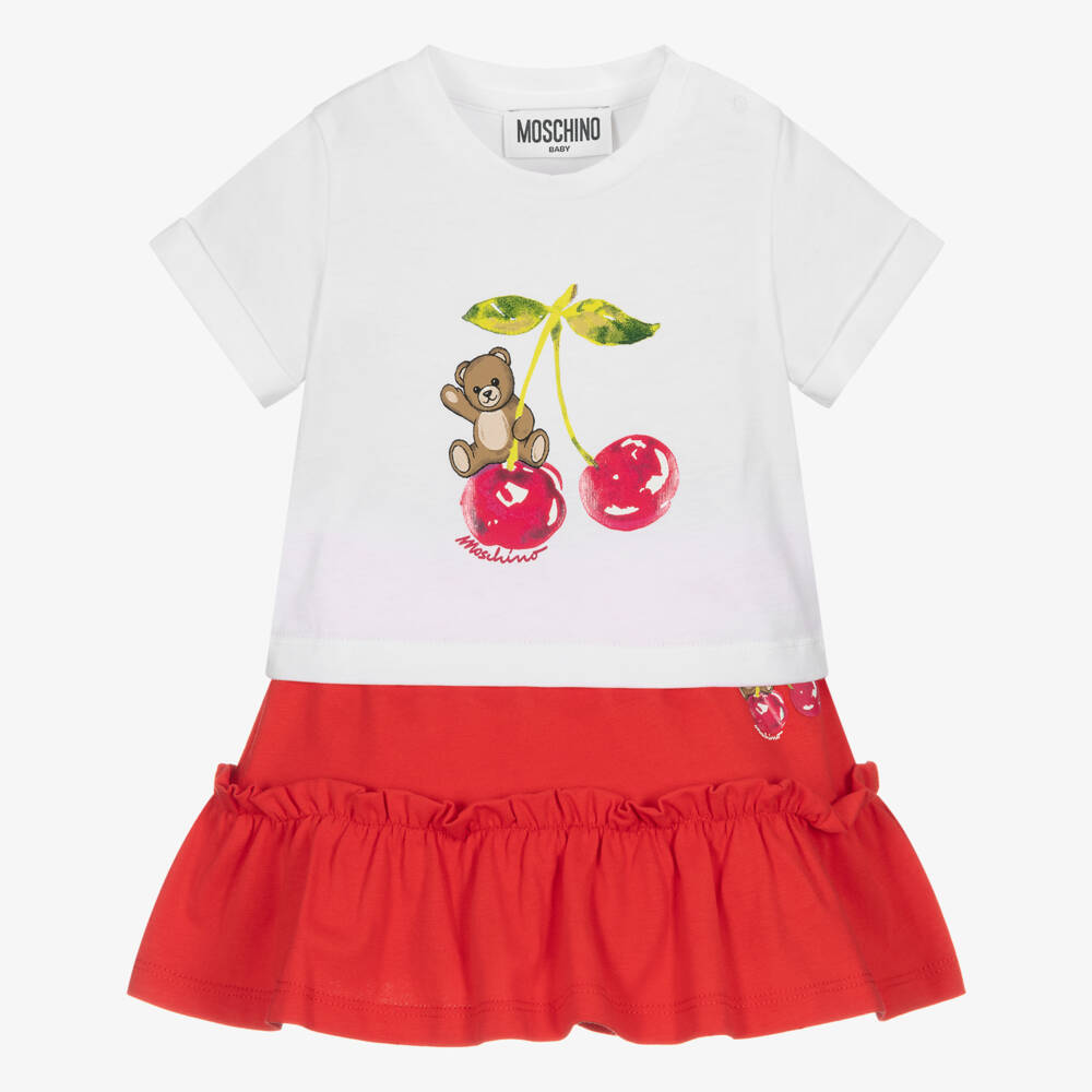 Moschino-Girls Red Cotton Cherry & Teddy Bear Skirt Set | Childrensalon