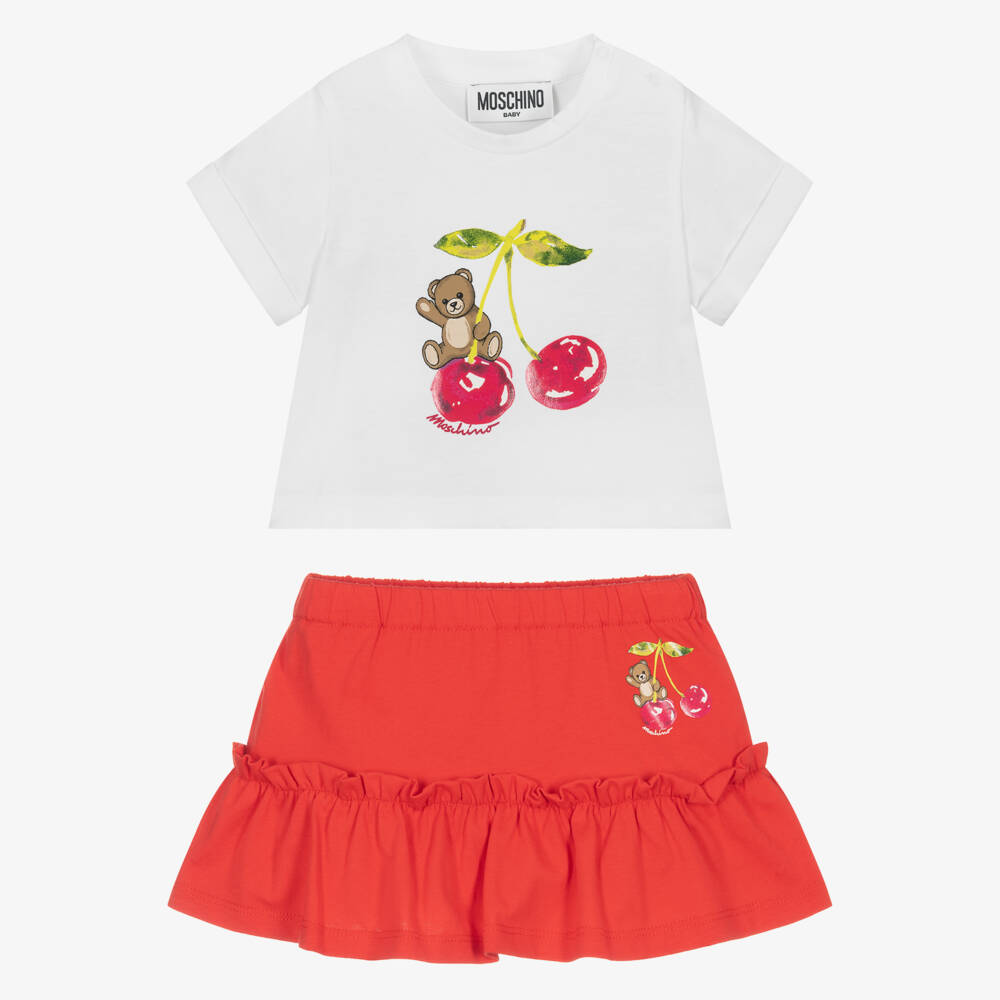Moschino-Girls Red Cotton Cherry & Teddy Bear Skirt Set | Childrensalon