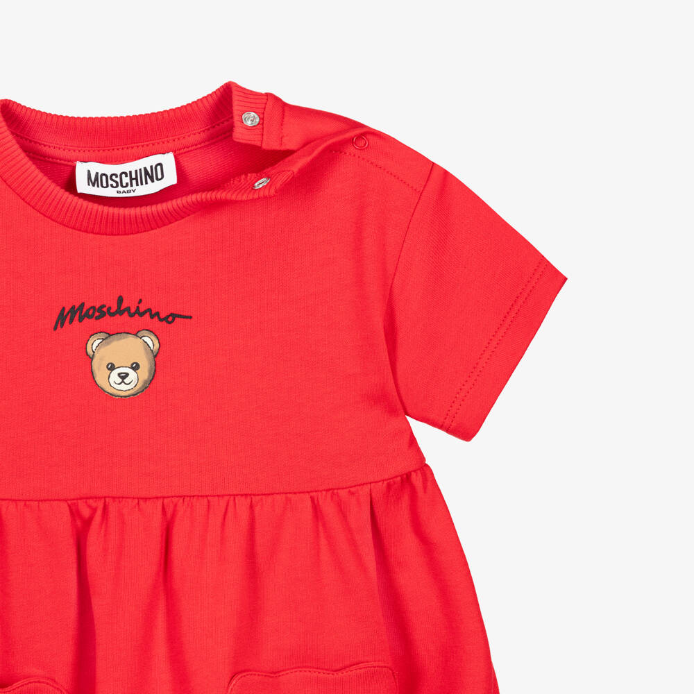 Moschino-Girls Red Cotton Dress with Teddy Bear Pockets | Childrensalon