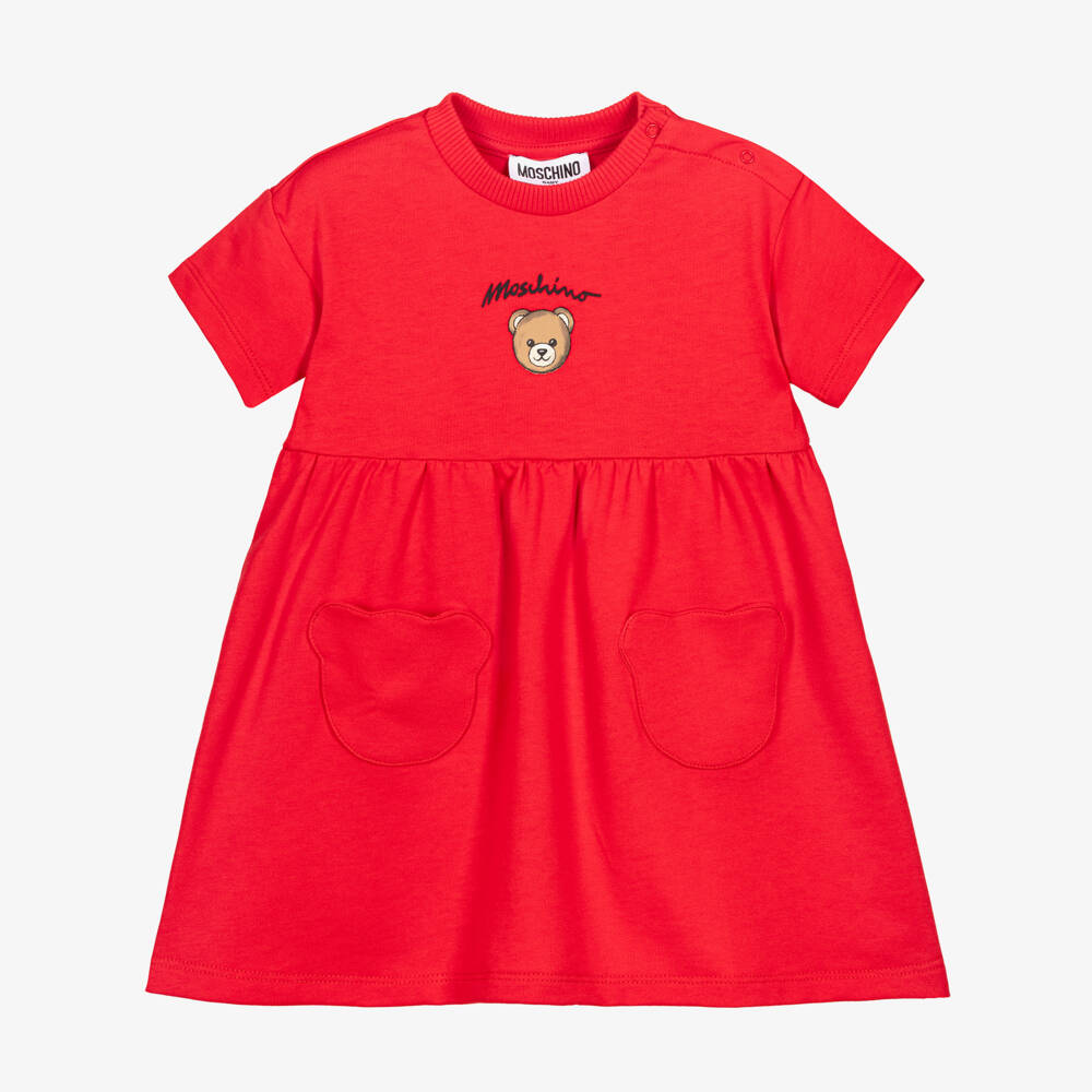 Moschino-Girls Red Cotton Dress with Teddy Bear Pockets | Childrensalon