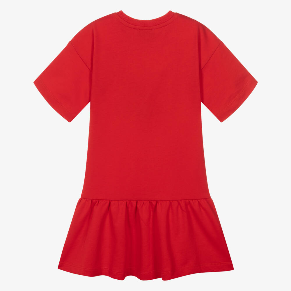 Moschino-Girls Red Cotton Jersey Teddy Bear Logo Dress | Childrensalon