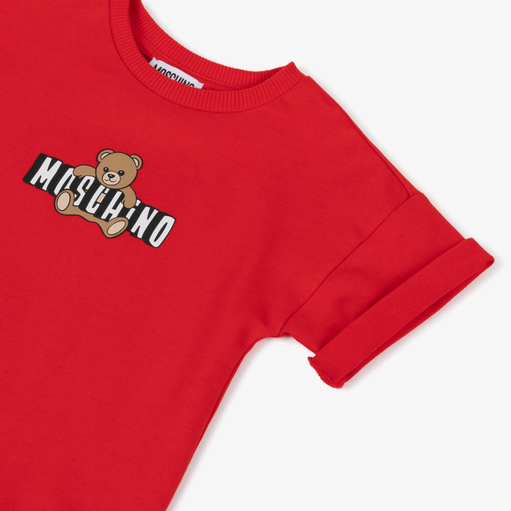 Moschino-Girls Red Cotton Jersey Teddy Bear Logo Dress | Childrensalon