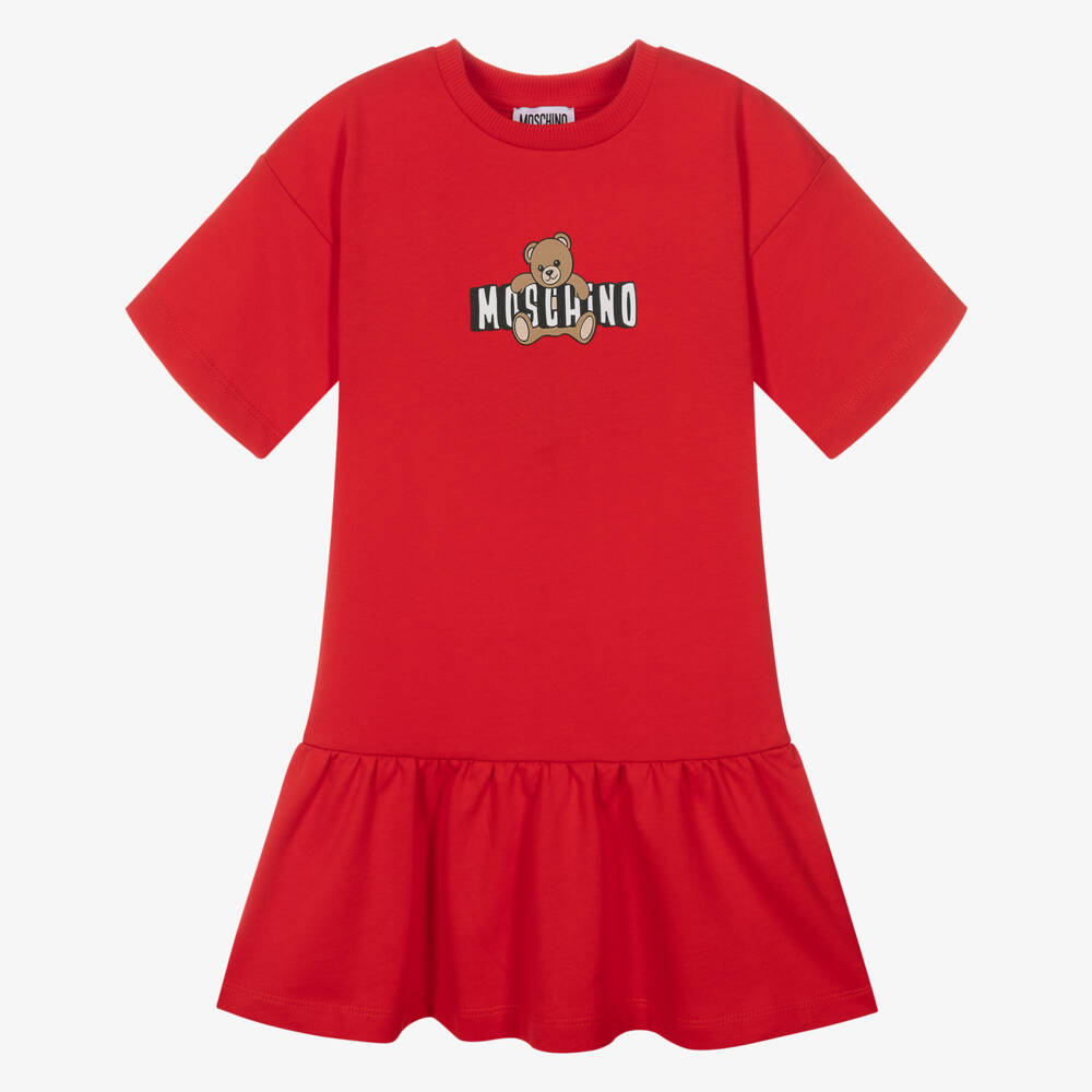 Moschino-Girls Red Cotton Jersey Teddy Bear Logo Dress | Childrensalon