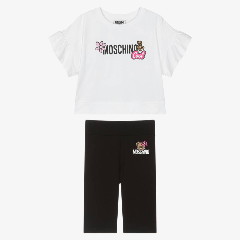 Moschino-Girls White & Black Cotton Logo Shorts Set with Patches  | Childrensalon