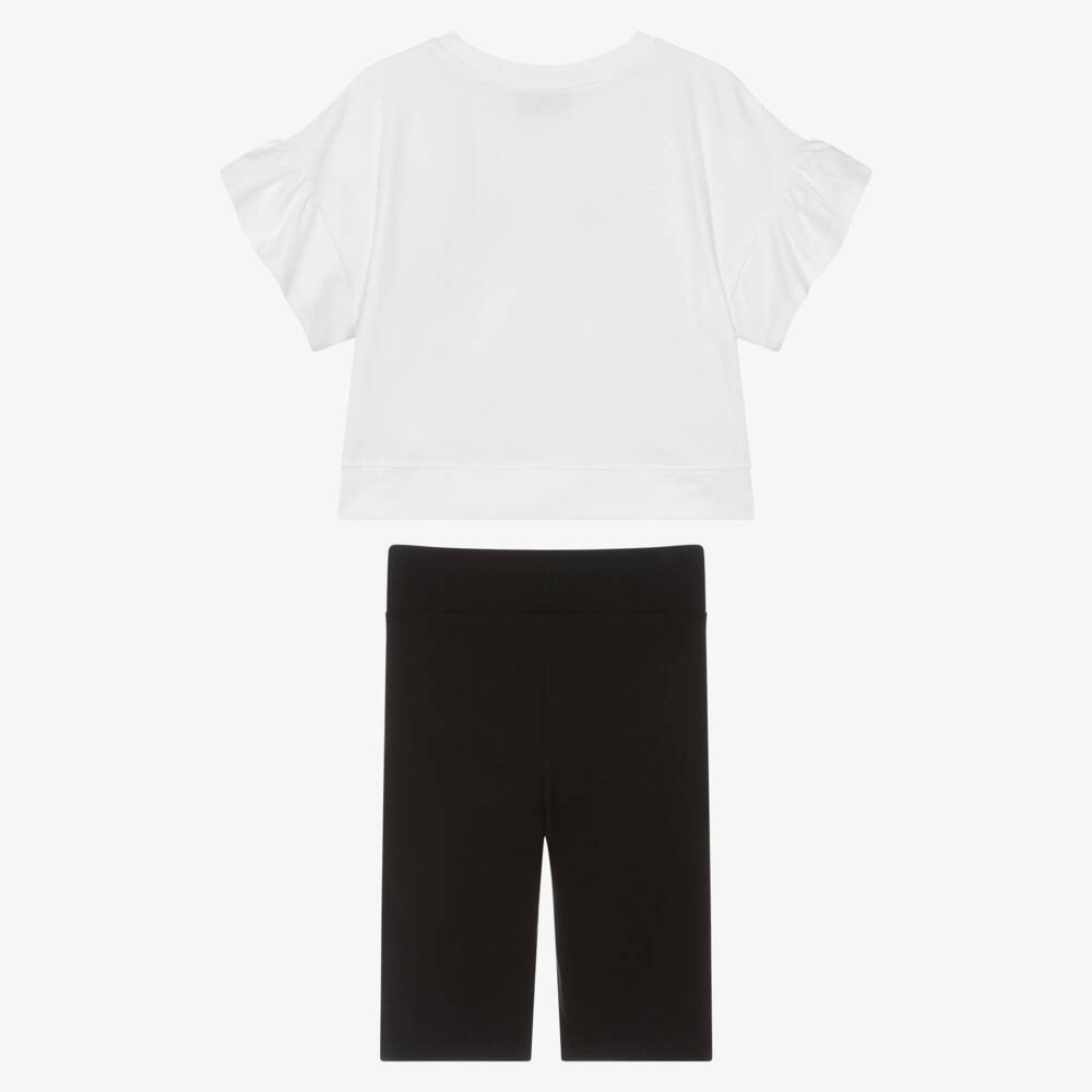 Moschino-Girls White & Black Cotton Logo Shorts Set with Patches  | Childrensalon