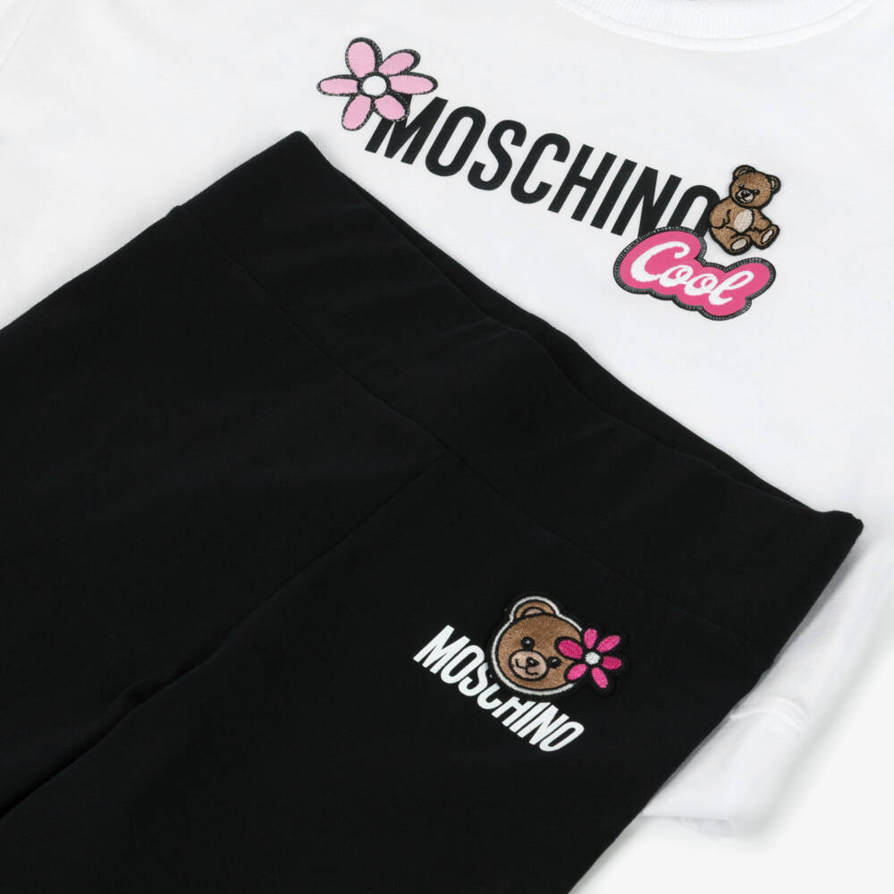 Moschino-Girls White & Black Cotton Logo Shorts Set with Patches  | Childrensalon