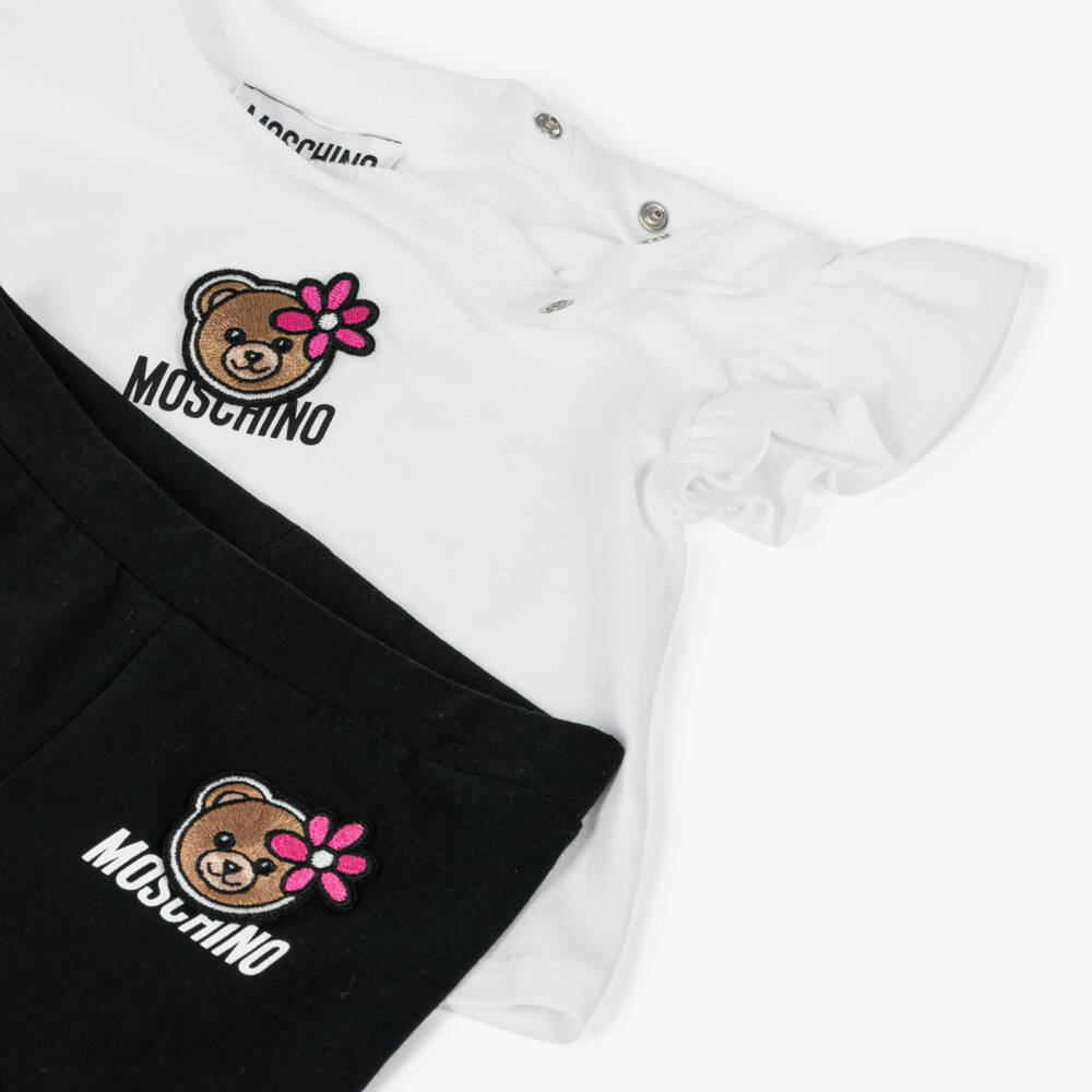 Moschino-Girls White & Black Cotton Teddy Bear Logo Leggings Set | Childrensalon