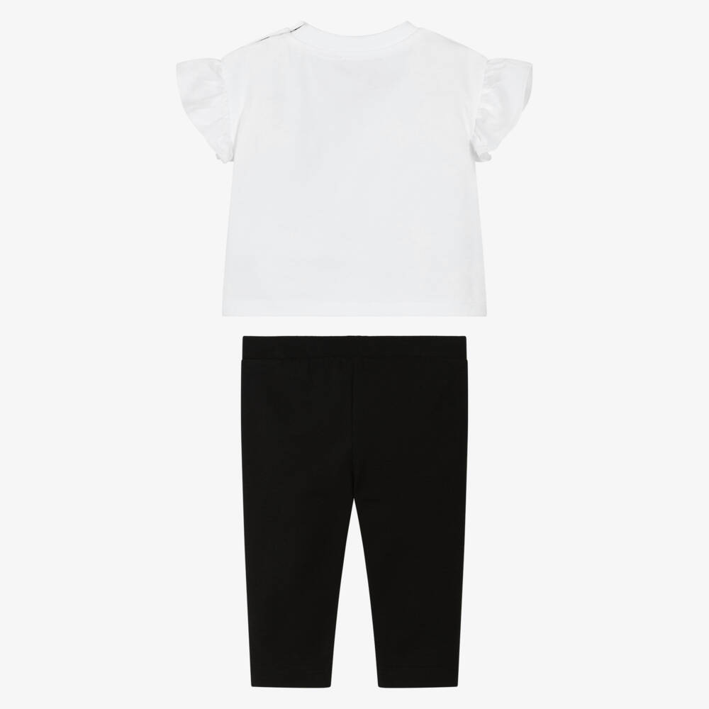 Moschino-Girls White & Black Cotton Teddy Bear Logo Leggings Set | Childrensalon